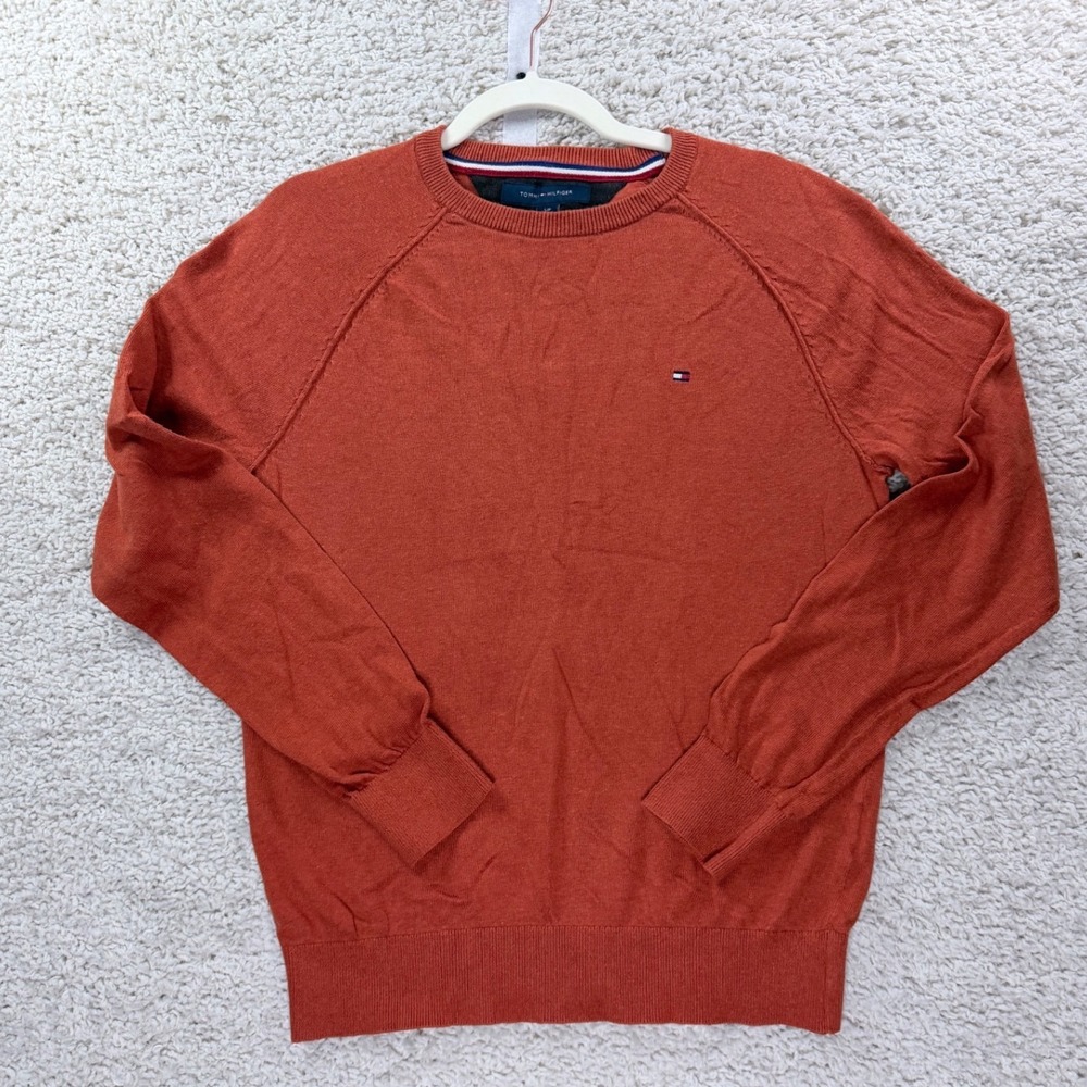 Mens Small Tommy Hilfiger Sweater Orange Cotton Modal Crewneck Preppy Coastal